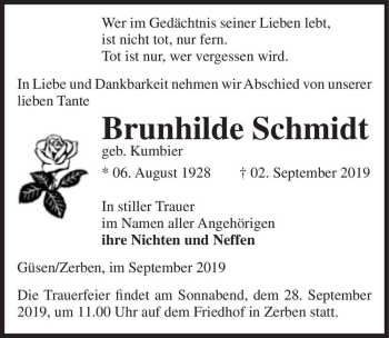 Traueranzeige von Brunhilde Schmidt (geb. Kumbier)  von Magdeburger Volksstimme