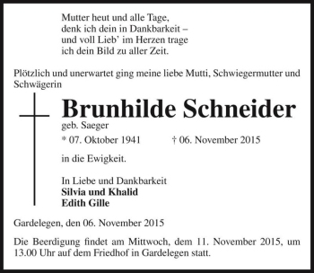 Traueranzeige von Brunhilde Schneider (geb. Saeger)  von Magdeburger Volksstimme