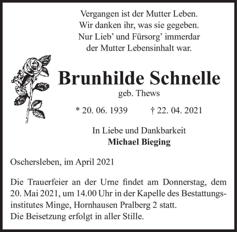  Traueranzeige für Brunhilde Schnelle (geb. Thews)  vom 30.04.2021 aus Magdeburger Volksstimme