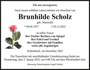 Traueranzeige von Brunhilde Scholz (geb. Marmulla)  von Magdeburger Volksstimme