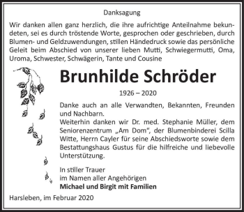 Traueranzeige von Brunhilde Schröder  von Magdeburger Volksstimme