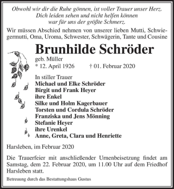 Traueranzeige von Brunhilde Schröder (geb. Müller)  von Magdeburger Volksstimme