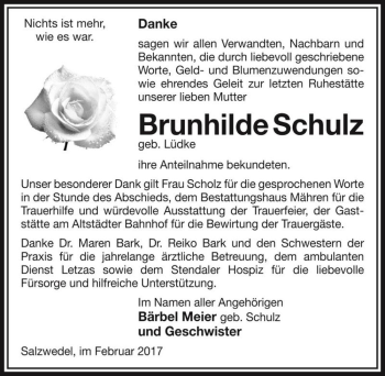 Traueranzeige von Brunhilde Schulz (geb. Lüdke)  von Magdeburger Volksstimme
