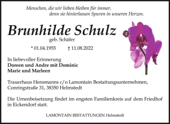 Traueranzeige von Brunhilde Schulz (geb. Schäfer)  von Magdeburger Volksstimme