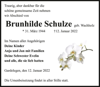 Traueranzeige von Brunhilde Schulze (geb. Wachholz)  von Magdeburger Volksstimme