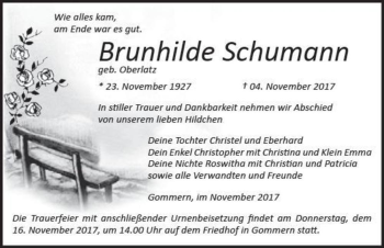 Traueranzeige von Brunhilde Schumann (geb. Oberlatz)  von Magdeburger Volksstimme