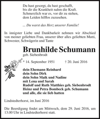 Traueranzeige von Brunhilde Schumann (geb. Siebenbrodt)  von Magdeburger Volksstimme