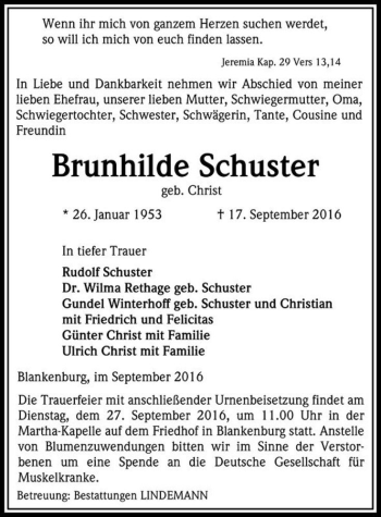 Traueranzeige von Brunhilde Schuster (geb. Christ)  von Magdeburger Volksstimme