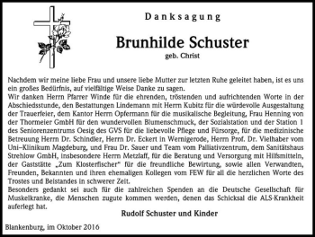 Traueranzeige von Brunhilde Schuster (geb. Christ)  von Magdeburger Volksstimme