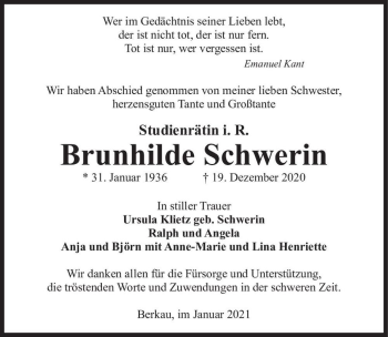 Traueranzeige von Brunhilde Schwerin  von Magdeburger Volksstimme