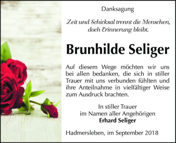 Traueranzeige von Brunhilde Seliger  von Magdeburger Volksstimme