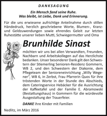 Traueranzeige von Brunhilde Sinast  von Magdeburger Volksstimme