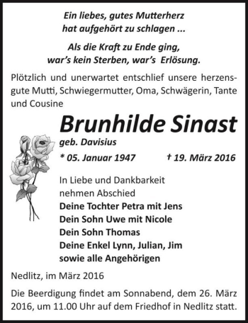 Traueranzeige von Brunhilde Sinast (geb. Davisius)  von Magdeburger Volksstimme