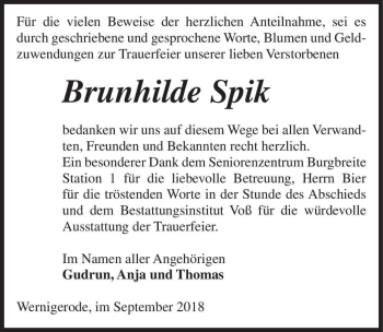 Traueranzeige von Brunhilde Spik  von Magdeburger Volksstimme