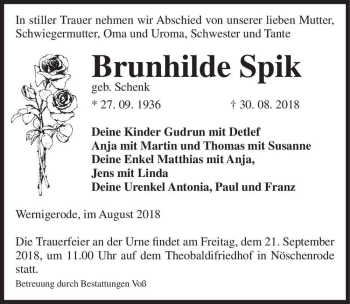 Traueranzeige von Brunhilde Spik (geb. Schenk)  von Magdeburger Volksstimme
