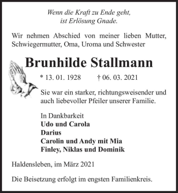 Traueranzeige von Brunhilde Stallmann  von Magdeburger Volksstimme
