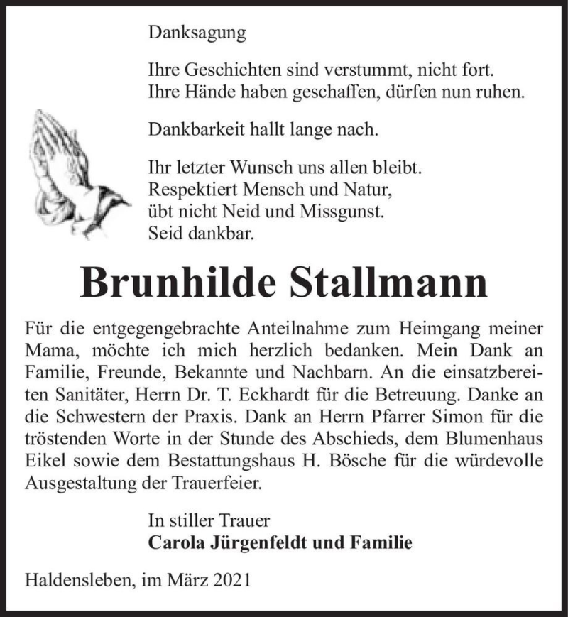  Traueranzeige für Brunhilde Stallmann  vom 31.03.2021 aus Magdeburger Volksstimme