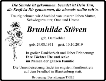 Traueranzeige von Brunhilde Stöven (geb. Damköhler)  von Magdeburger Volksstimme