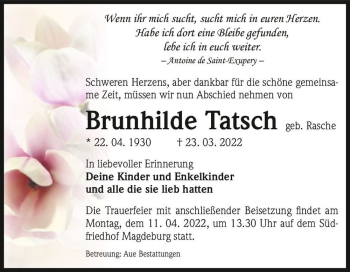 Traueranzeige von Brunhilde Tatsch (geb. Rasche)  von Magdeburger Volksstimme