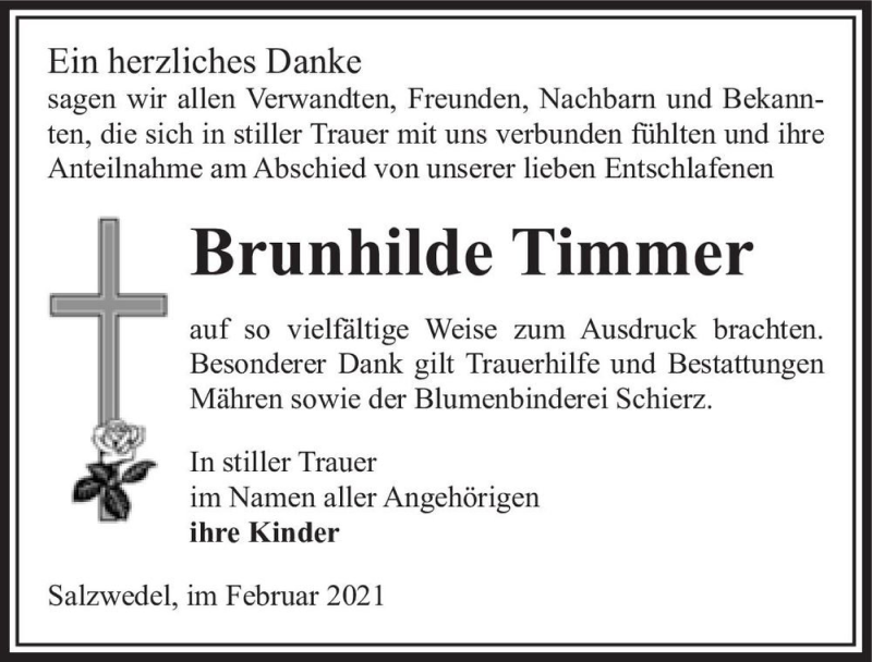  Traueranzeige für Brunhilde Timmer  vom 02.03.2021 aus Magdeburger Volksstimme
