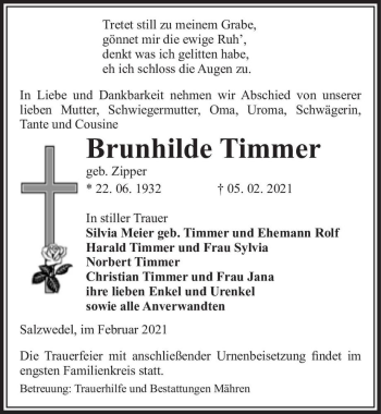 Traueranzeige von Brunhilde Timmer (geb. Zipper)  von Magdeburger Volksstimme