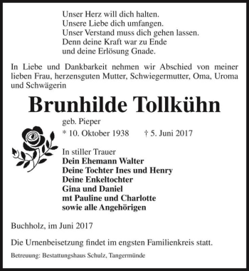 Traueranzeige von Brunhilde Tollkühn (geb. Pieper)  von Magdeburger Volksstimme