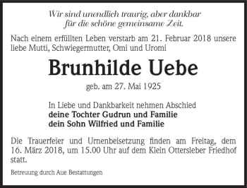 Traueranzeige von Brunhilde Uebe  von Magdeburger Volksstimme