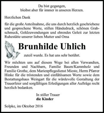 Traueranzeige von Brunhilde Uhlich  von Magdeburger Volksstimme