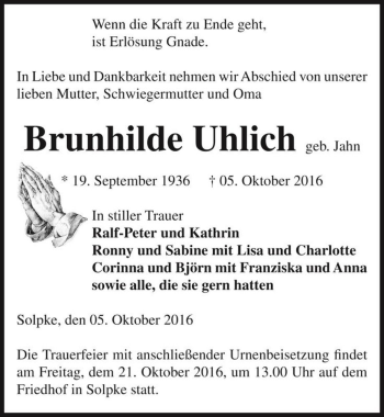Traueranzeige von Brunhilde Uhlich (geb. Jahn)  von Magdeburger Volksstimme
