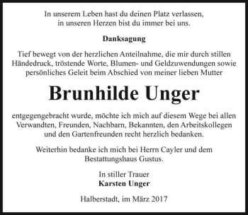Traueranzeige von Brunhilde Unger  von Magdeburger Volksstimme