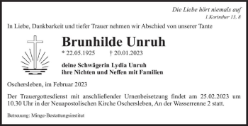 Traueranzeige von Brunhilde Unruh  von Magdeburger Volksstimme