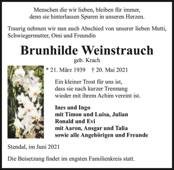 Traueranzeige von Brunhilde Weinstrauch (geb. Krach)  von Magdeburger Volksstimme