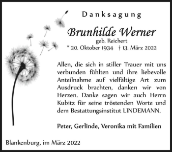 Traueranzeige von Brunhilde Werner (geb. Reichert)  von Magdeburger Volksstimme