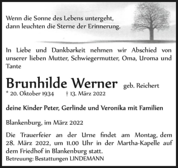 Traueranzeige von Brunhilde Werner (geb. Reichert)  von Magdeburger Volksstimme