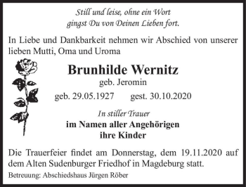 Traueranzeige von Brunhilde Wernitz (geb. Jeromin)  von Magdeburger Volksstimme