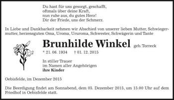 Traueranzeige von Brunhilde Winkel (geb. Torreck)  von Magdeburger Volksstimme