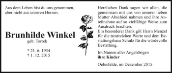 Traueranzeige von Brunhilde Winkel (geb. Torrek)  von Magdeburger Volksstimme