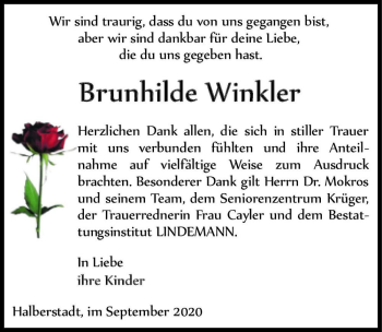 Traueranzeige von Brunhilde Winkler  von Magdeburger Volksstimme