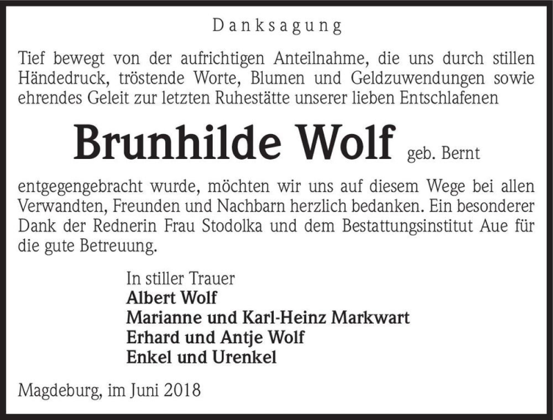 Traueranzeige für Brunhilde Wolf (geb. Bernt)  vom 30.06.2018 aus Magdeburger Volksstimme