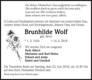 Traueranzeige von Brunhilde Wolf (geb. Bernt)  von Magdeburger Volksstimme