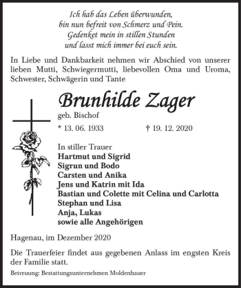 Traueranzeige von Brunhilde Zager (geb. Bischof)  von Magdeburger Volksstimme