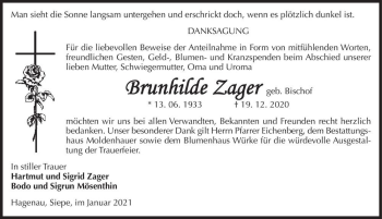 Traueranzeige von Brunhilde Zager (geb. Bischof)  von Magdeburger Volksstimme
