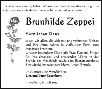 Traueranzeige von Brunhilde Zeppei  von Magdeburger Volksstimme