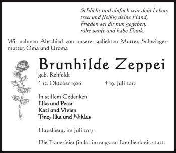 Traueranzeige von Brunhilde Zeppei (geb. Rehfeldt)  von Magdeburger Volksstimme