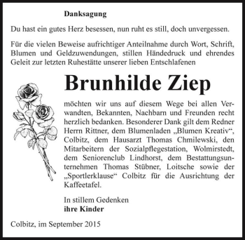 Traueranzeige von Brunhilde Ziep  von Magdeburger Volksstimme