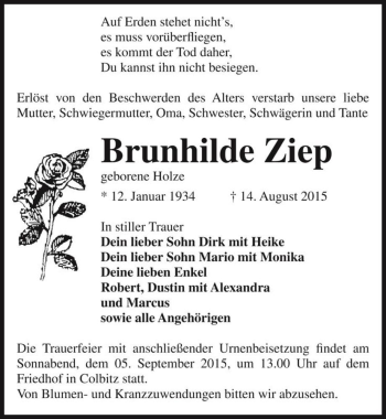 Traueranzeige von Brunhilde Ziep (geb. Holze)  von Magdeburger Volksstimme