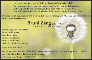 Traueranzeige von Bruni Zang (geb. Trinkaus)  von Magdeburger Volksstimme