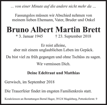 Traueranzeige von Bruno Albert Martin Brett  von Magdeburger Volksstimme