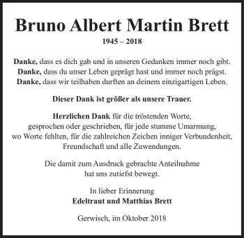 Traueranzeige von Bruno Albert Martin Brett  von Magdeburger Volksstimme
