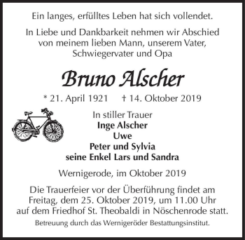 Traueranzeige von Bruno Alscher  von Magdeburger Volksstimme